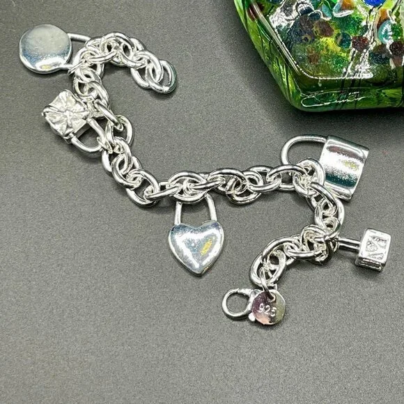 Sterling Silver 925 Chain bracelet with Lock Charms #1226 - Picture 9 of 10